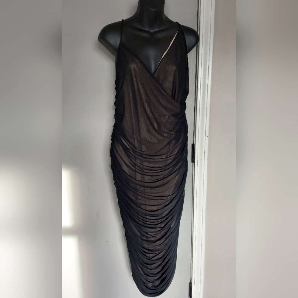 Black Ruched Dress with Nude Underlay